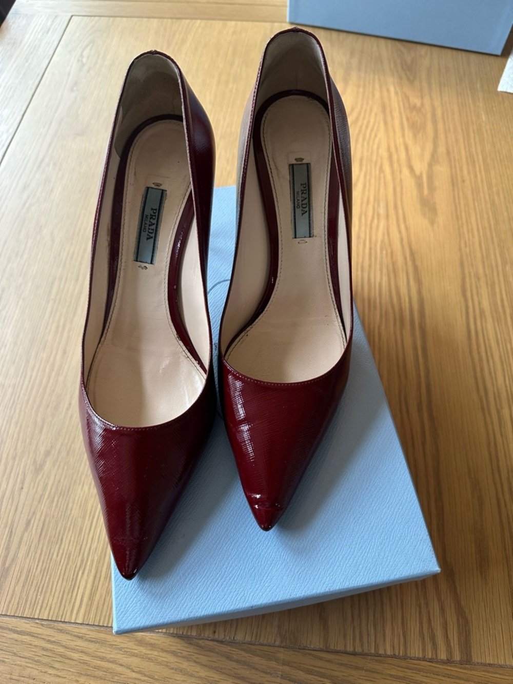 Prada Saffiano Leather Pointed-Toe Pumps in Deep Burgundy. 
Size 38.5 - Picture 3 of 4
